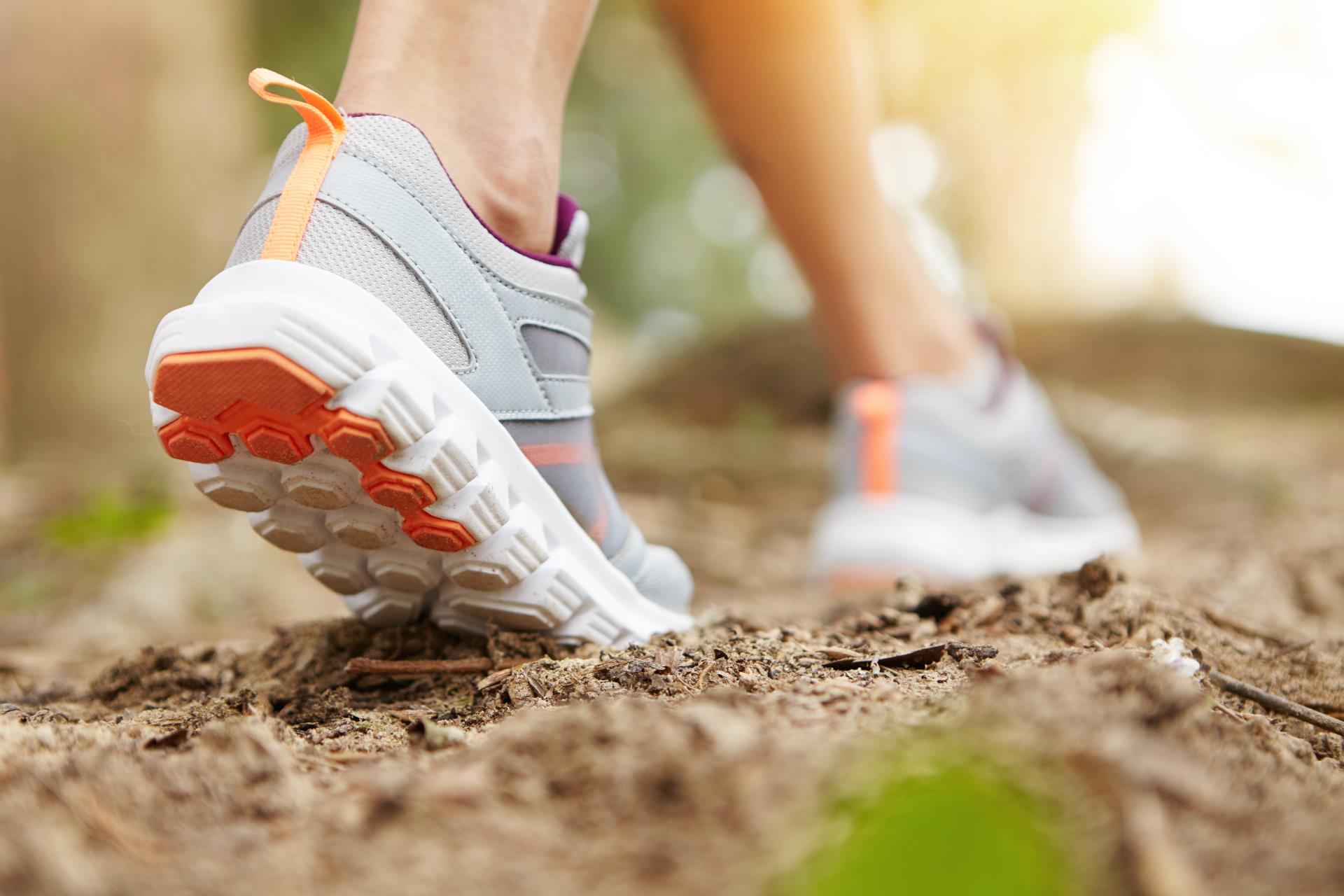 freeze-action-closeup-young-woman-walking-running-trail-forest-park-summer-nature-outdoors-athletic-girl-wearing-sport-shoes-exercising-footpath