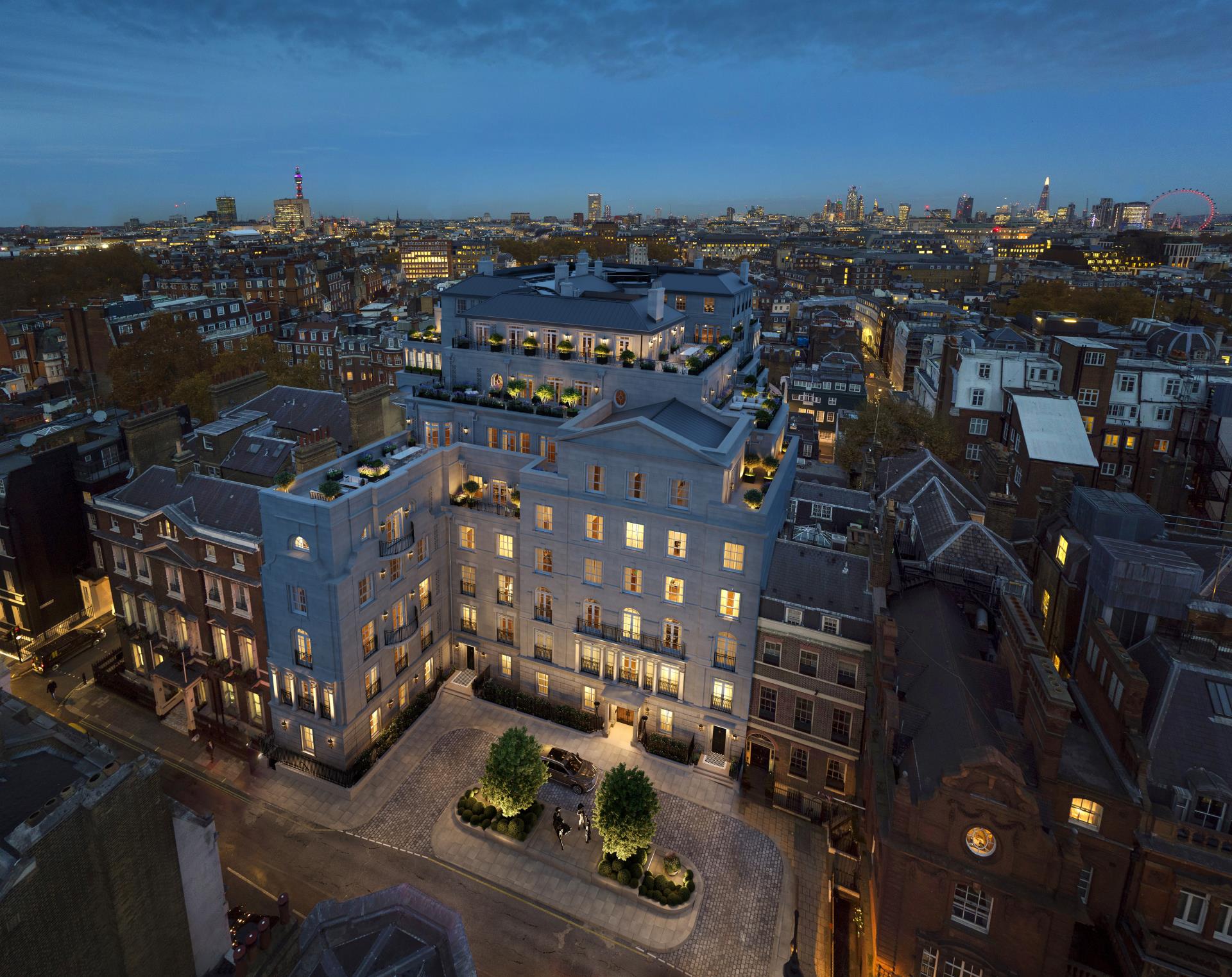 1Mayfair,Audley Square, Vista da fachada elevada,Cr_dito CAUDWELL