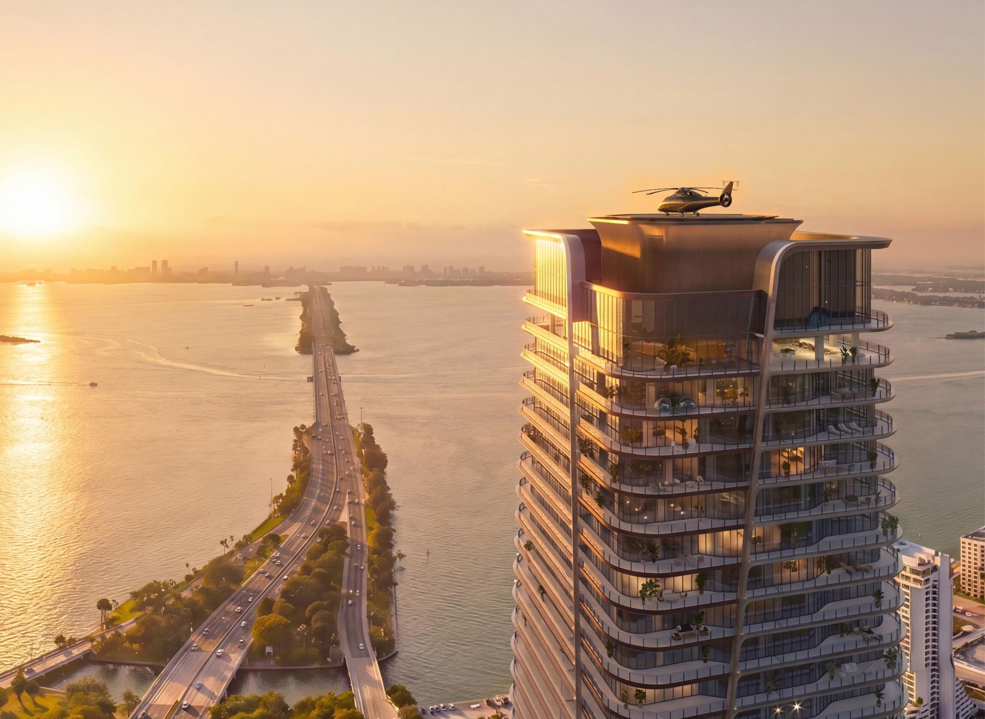 Anantara Miami Resort & Residences - aerial view exterior with helipad - rendering - Gladstone Immersive