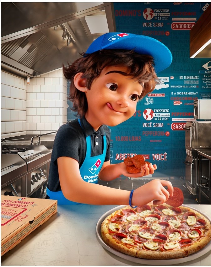 O CB, brand persona das Casas Bahia, monta sua própria pizza na Domino’s