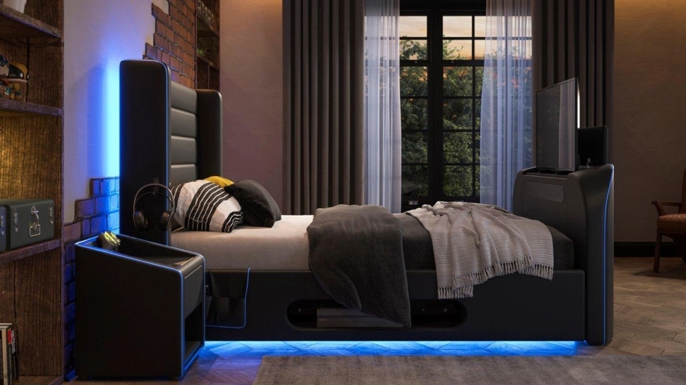 Esta nova cama king-size para jogos de luxo tem uma TV de alta definição embutida na base